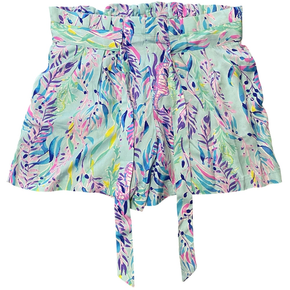 Lilly Pulitzer Ocean Trail‎ Shorts Blue Pink Seahorse Paperbag Waist Size 0